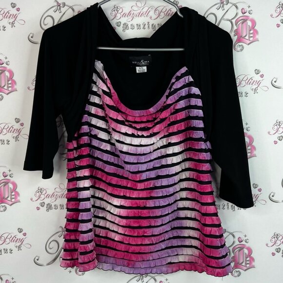 Bellissima Tops - Bellissima long sleeve ruffle tiered ombré tie dye Black and Pink Striped Top